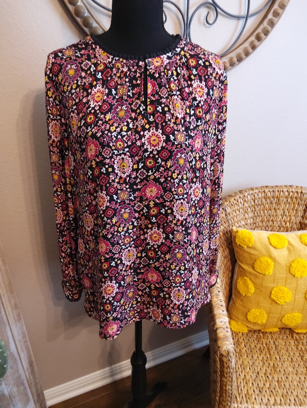 LOFT Black Floral Blouse With Pink & Yellow Accents